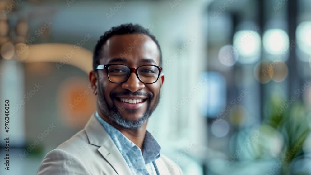 A man stands smiling in a contemporary office backdrop A man stands smiling in a contemporary office backdrop