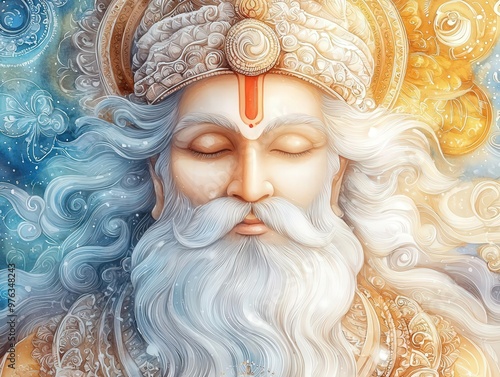 Craft a detailed, close-up watercolor painting of the Hindu god Brahma, showcasing intricate religious symbols within the design