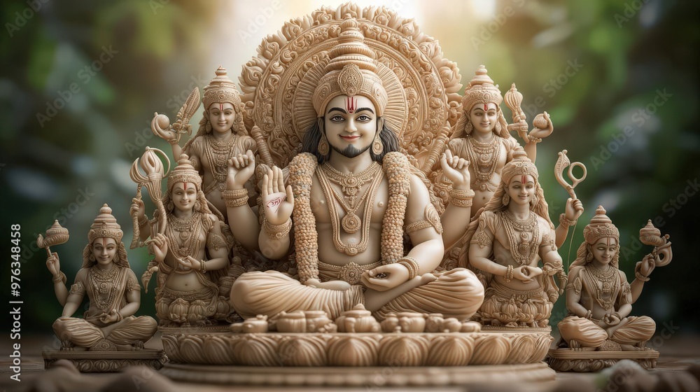 Craft a dramatic depiction of Vishnu and his avatars from a unique worms-eye view perspective, showcasing the divine essence with rich textures Craft a dramatic depiction of Vishnu and his avatars from a unique worms-eye view perspective, showcasing the divine essence with rich textures