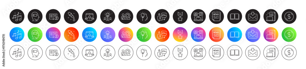 Book, Music and Consulting line icons. Round icon gradient buttons. Pack of Incoming mail, Winner medal, Business idea icon. Weariness, Dollar money, Chemistry pipette pictogram. Vector Book, Music and Consulting line icons. Round icon gradient buttons. Pack of Incoming mail, Winner medal, Business idea icon. Weariness, Dollar money, Chemistry pipette pictogram. Vector