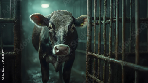 Factory-farmed cow in a cage symbolize animal abuse in cow factory farm, factory farming