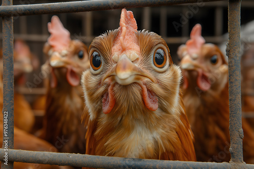 Factory-farmed chickens  in small cages symbolize animal abuse in chicken factory farms