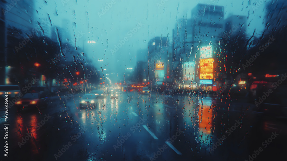 Obraz premium Serene rainy day scene of city street viewed through the car window, sad rainy day