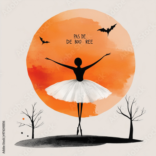 ballerina silhouette illustration against orange moon for halloween with the text pas de boo ree photo