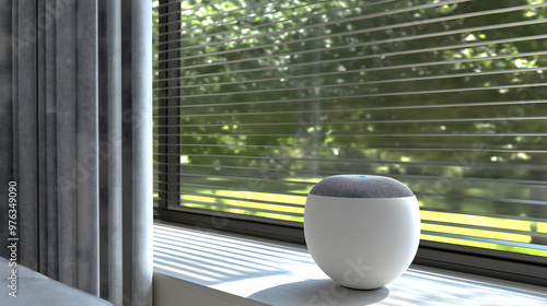 Smart home with a smart speaker near the window, voice assistant, futuristic, virtual assistant