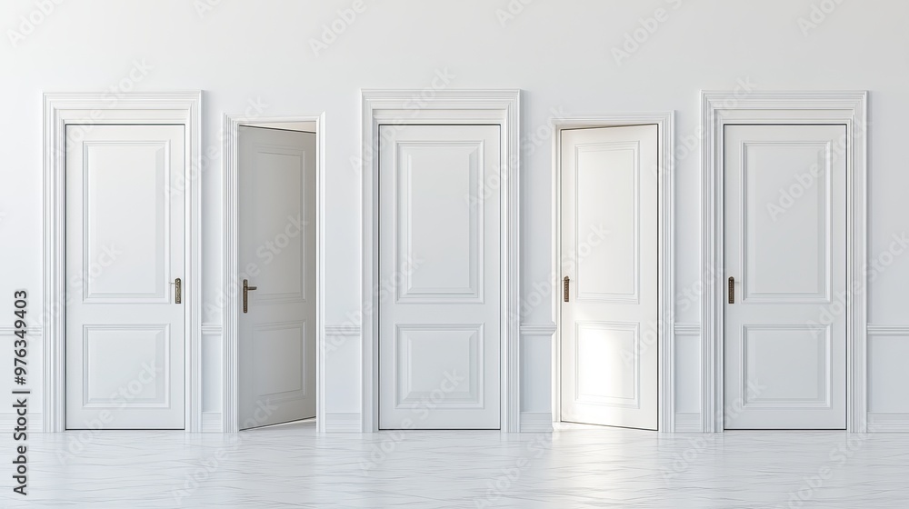 3D rendering set of white wooden doors in different stages of opening depicting entranceways and indoor doorways in both closed and open positions 3D rendering set of white wooden doors in different stages of opening depicting entranceways and indoor doorways in both closed and open positions