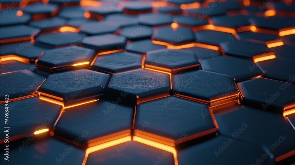 A high-tech grid of glowing hexagons creates a digital atmosphere on a dark backdrop A high-tech grid of glowing hexagons creates a digital atmosphere on a dark backdrop