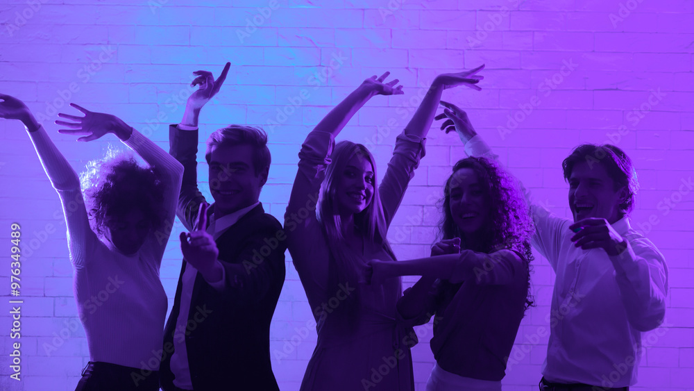 Fototapeta premium Dance Party. Young Men And Women Having Fun Dancing In Night Club Indoors. Panorama, Blue Light