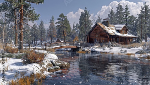 Cozy cabin by snowy river in winter mountain landscape