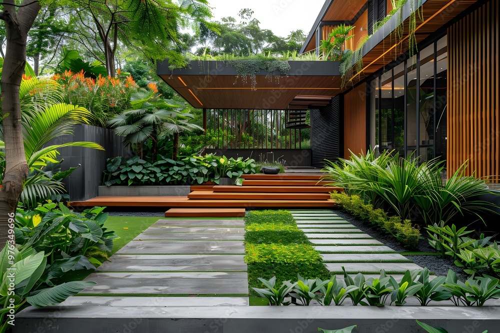 Fototapeta premium Serene Modern Garden with Lush Greenery and Elegant Pathways