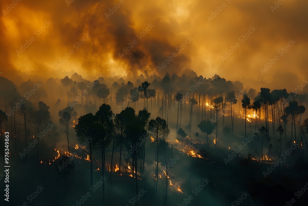 Obraz premium Devastating Forest Fire Engulfs Landscape in Fiery Hues