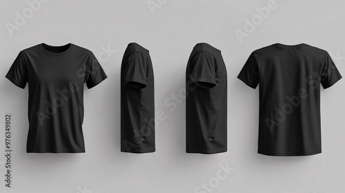 Black man's T-shirt with short sleeves with rear and side view on a gray background