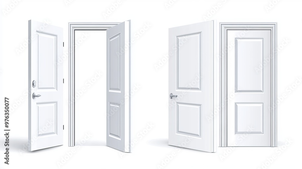 Creative vector illustration of open and closed doors depicting realistic entrances and white doorways Abstract concept showing open and closed house elements isolated on a white Creative vector illustration of open and closed doors depicting realistic entrances and white doorways Abstract concept showing open and closed house elements isolated on a white