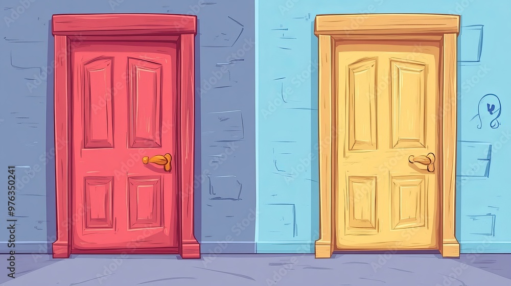 Cartoon vector illustration of open and closed doors Cartoon vector illustration of open and closed doors