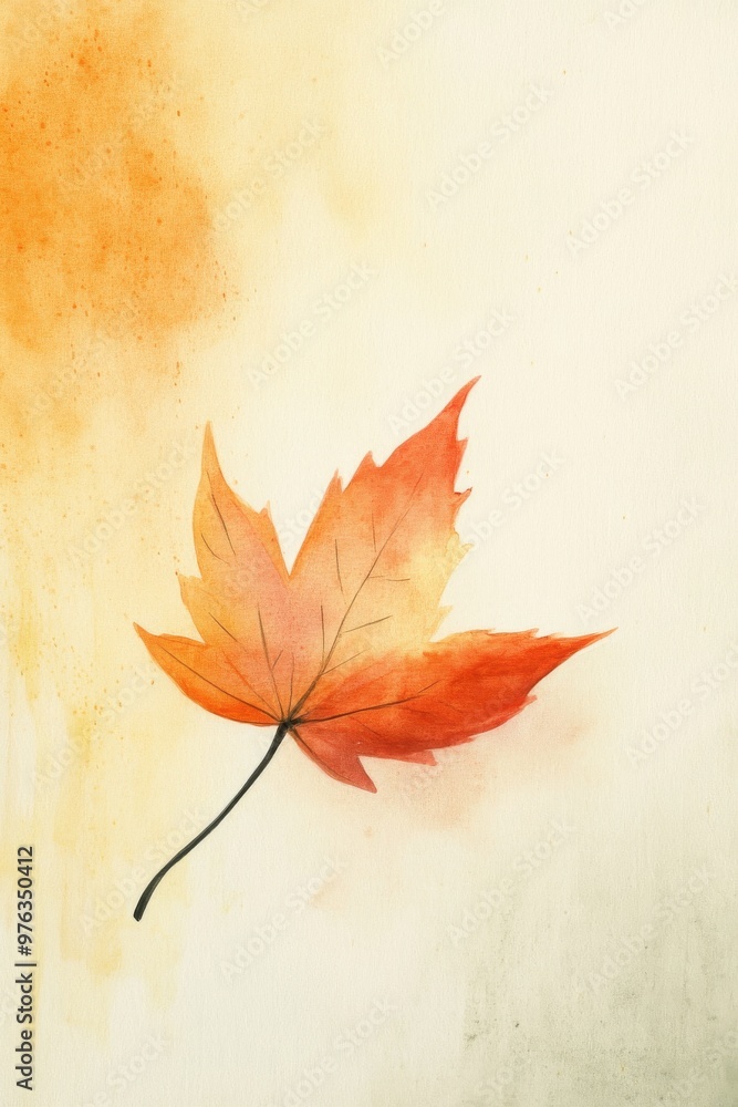 A single autumn maple leaf illustrated in watercolor, evoking the beauty of fall. Includes copy space. A single autumn maple leaf illustrated in watercolor, evoking the beauty of fall. Includes copy space.