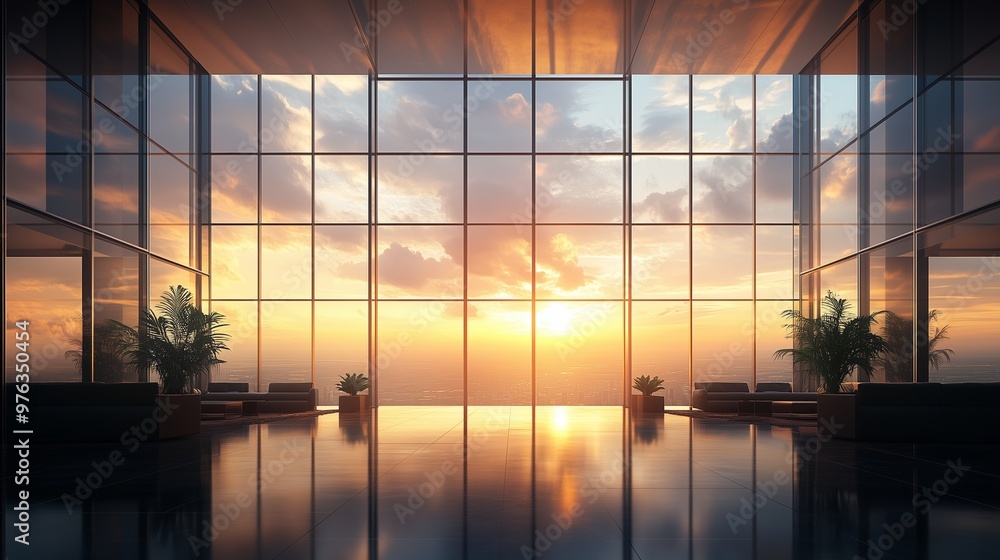 A stunning view from a modern glass building, where sunset colors blend with tranquil interiors. A stunning view from a modern glass building, where sunset colors blend with tranquil interiors.