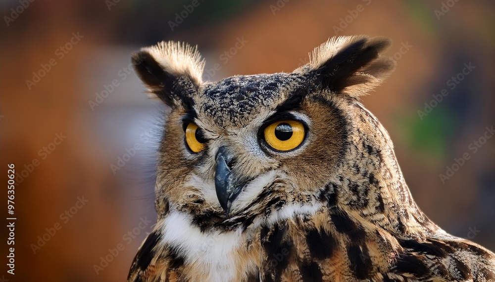Isolated great horned owl with depth of field showcasing large tufts and striking eyes Isolated great horned owl with depth of field showcasing large tufts and striking eyes