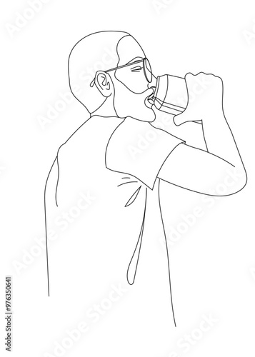 Man drink the beer front side continuous line vector illustration. Hand drawn outline of the young thirsty male who's drinking from metal can.