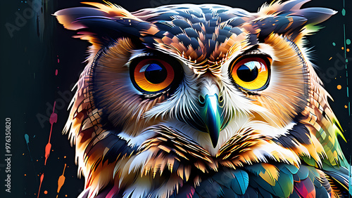 Abstract Owl Portrait with Vibrant Double Exposure Paint – Ideal for Artistic Projects, Modern Design, and Creative Wildlife Illustrations photo