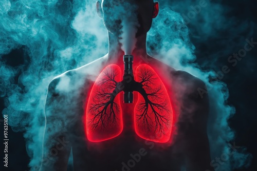 A person exhales smoke, highlighting the lungs with glowing red light vape,evali photo