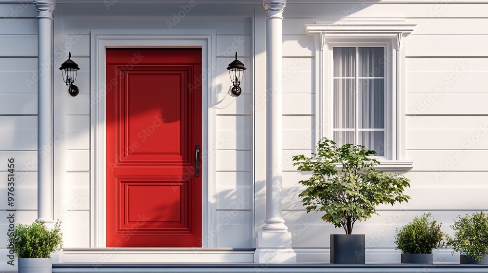 Monochrome 3D rendering of a red house door showcasing a front entrance in a flat style Monochrome 3D rendering of a red house door showcasing a front entrance in a flat style