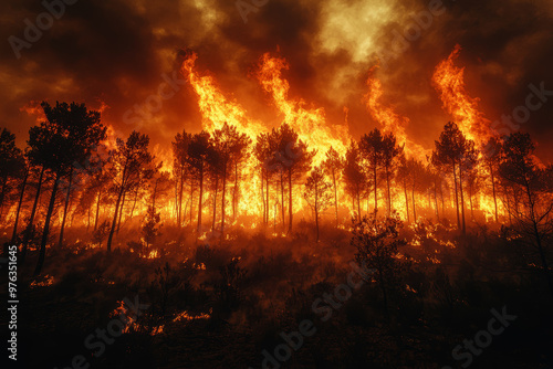 A wildfire raging through a dry forest, with smoke filling the air. Concept of climate-induced wildfires and their destructive power.