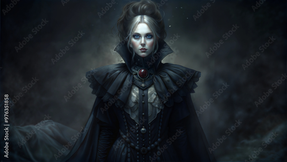 Mysterious woman, with a haunting expression, posing dramatically, on a dark and eerie background Mysterious woman, with a haunting expression, posing dramatically, on a dark and eerie background