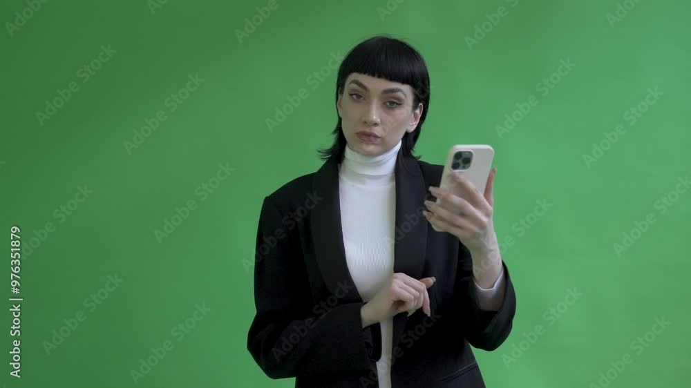 Confident Presenter Shares Insights While Standing in Front of Vibrant Green Backdrop Confident Presenter Shares Insights While Standing in Front of Vibrant Green Backdrop