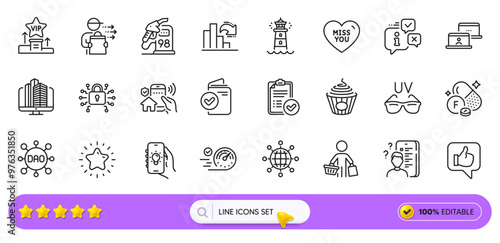 Miss you, Info and Petrol station line icons for web app. Pack of House security, Verification document, Sunglasses pictogram icons. Pasta, Dao, Enterprise signs. Fluorine mineral. Search bar. Vector photo