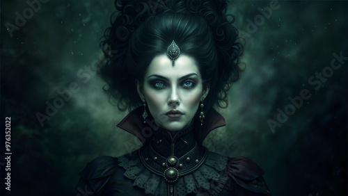 Gothic woman, with a chilling gaze, staring intensely, against a dark, mysterious backdrop