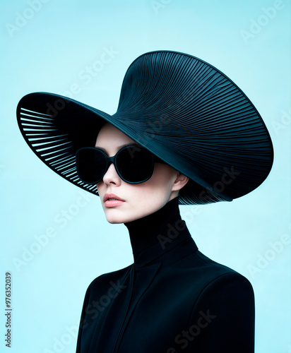 Elegant futuristic fashion portrait of a woman in an oversized black hat and sunglasses, set against a light blue background. . photo