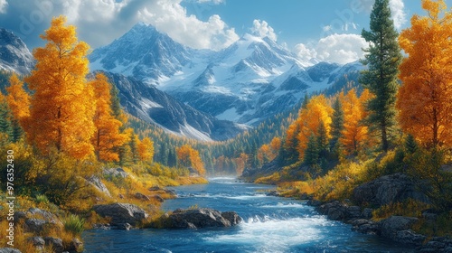 Serene mountain landscape with vibrant autumn foliage and a river.