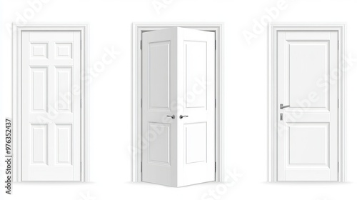 Realistic 3D vector set of a white wooden door for front entrances or interiors of houses apartments or offices Depicted in open closed and ajar positions isolated on a white