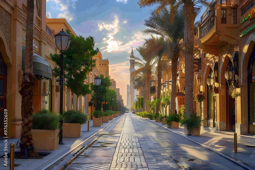 Serene Street View in a Vibrant Cityscape with Palm Trees and Historic Architecture Serene Street View in a Vibrant Cityscape with Palm Trees and Historic Architecture