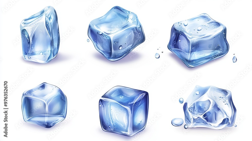 Realistic blue ice cubes with water droplets on a white background presented in a vector illustration Realistic blue ice cubes with water droplets on a white background presented in a vector illustration