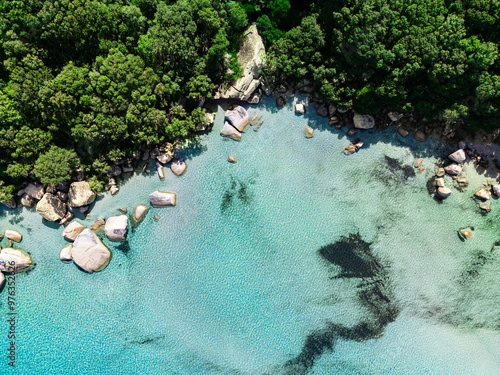Turquoise lagoon and Santa Giulia beach in Corsica, top view.