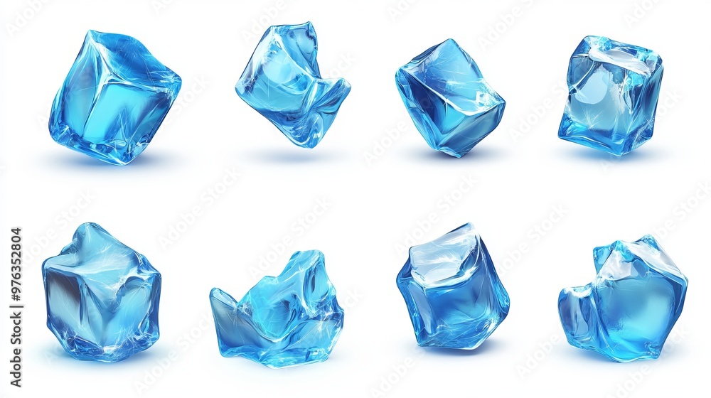 Realistic set of ice cubes in a 3D vector illustration featuring a blue ice collection isolated on a white background Realistic set of ice cubes in a 3D vector illustration featuring a blue ice collection isolated on a white background
