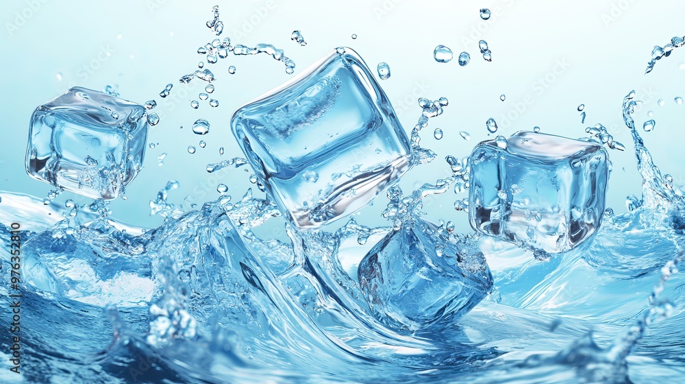 Realistic frozen ice cubes swirling in blue water waves with splashes and bubbles Vector kitchen skinali panel background showing clean drink ripple effects Realistic frozen ice cubes swirling in blue water waves with splashes and bubbles Vector kitchen skinali panel background showing clean drink ripple effects