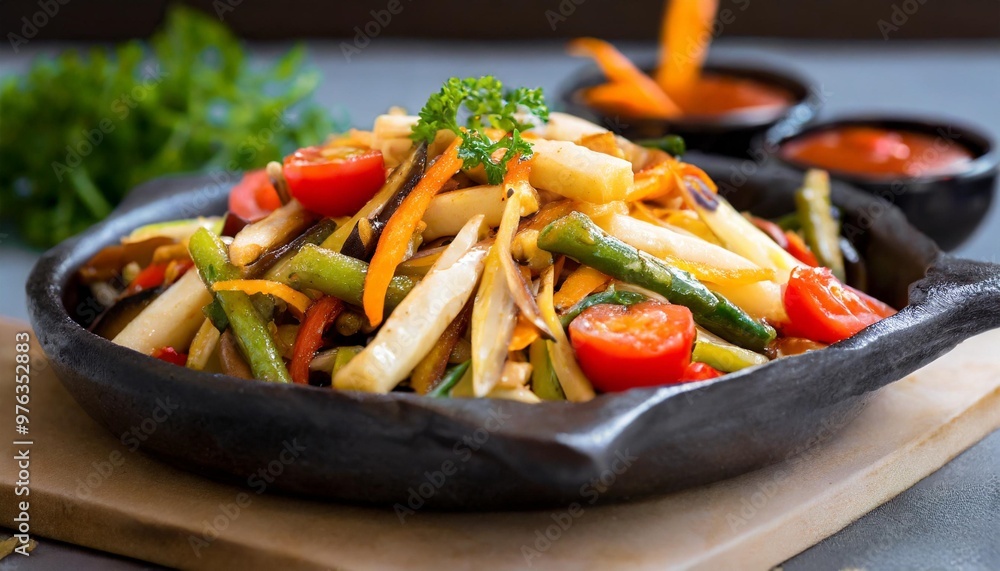 Delicious dinner stir-fries with depth of field featuring fresh vegetables and savory sauces Delicious dinner stir-fries with depth of field featuring fresh vegetables and savory sauces