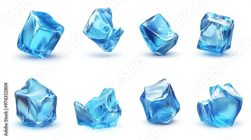 Realistic set of ice cubes in a 3D vector illustration featuring a blue ice collection isolated on a white background