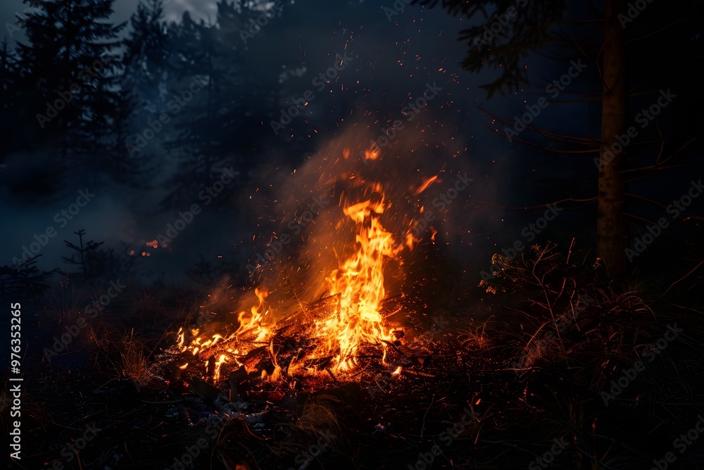 Captivating Flames Dance Amidst a Dark Forest Landscape Captivating Flames Dance Amidst a Dark Forest Landscape