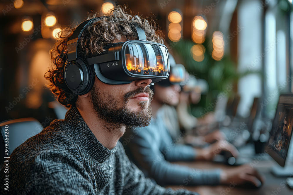 An office environment in virtual reality, where professionals collaborate on digital workspaces and attend meetings in a shared virtual space. Concept of remote work in VR. An office environment in virtual reality, where professionals collaborate on digital workspaces and attend meetings in a shared virtual space. Concept of remote work in VR.