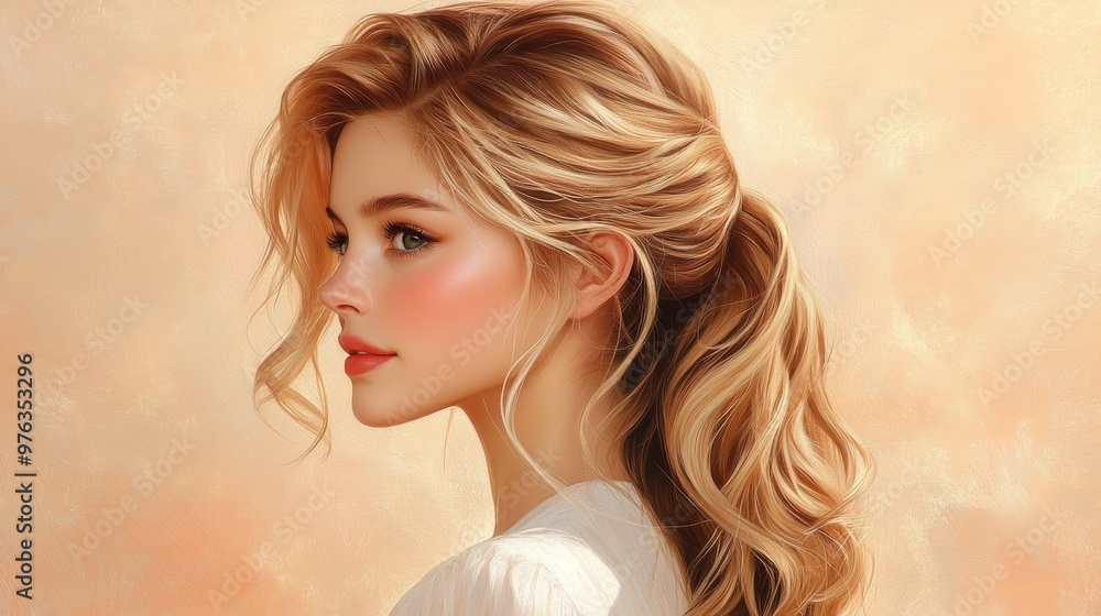 Portrait of a woman with long hair in profile against a warm background. Beauty and elegance concept Portrait of a woman with long hair in profile against a warm background. Beauty and elegance concept