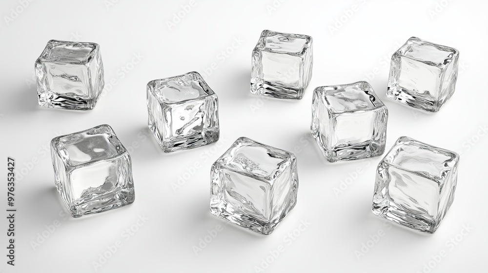 Set of crystalclear artificial acrylic ice cubes in a square shape 3D rendered on a white background Set of crystalclear artificial acrylic ice cubes in a square shape 3D rendered on a white background