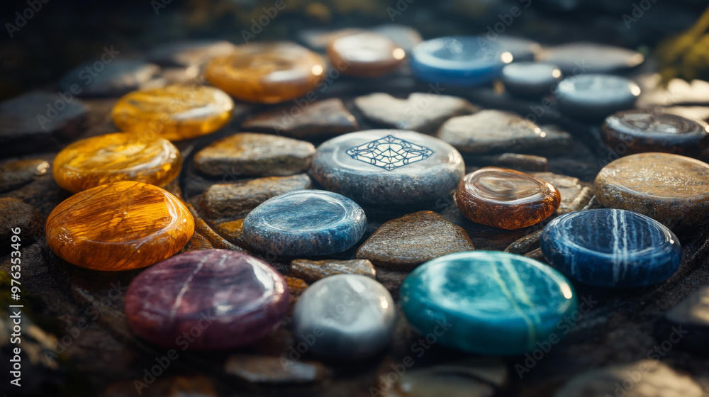 A circle of polished gemstones with various colors, arranged on smooth pebbles, creating a visually appealing, spiritual display. A circle of polished gemstones with various colors, arranged on smooth pebbles, creating a visually appealing, spiritual display.