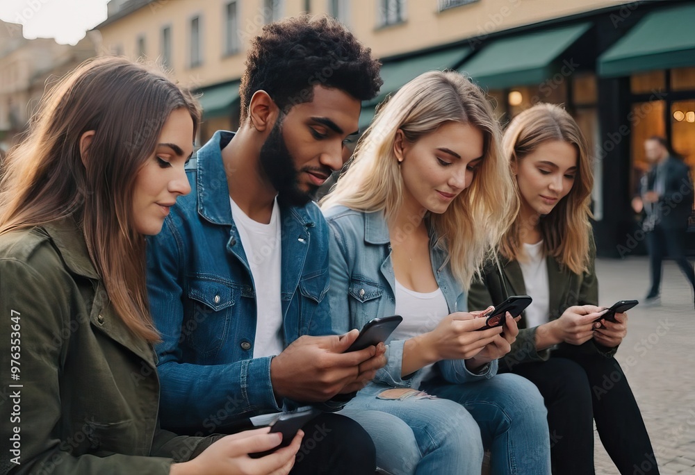 Young people sit on the sidewalk, looking at their cell phones Young people sit on the sidewalk, looking at their cell phones