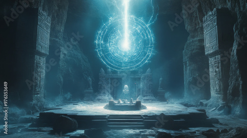 An ancient temple features a glowing blue energy beam and magic circle, illuminating the ruins and evoking mystical power and magic. photo