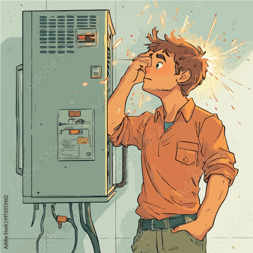 A technician stares at a malfunctioning refrigerator unit in confusion. The scene emphasizes challenges faced in everyday appliance repairs.