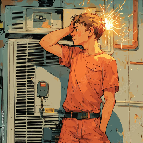 A technician frustrated while inspecting a malfunctioning electrical system. Features emotions of confusion and annoyance in appliance repair.