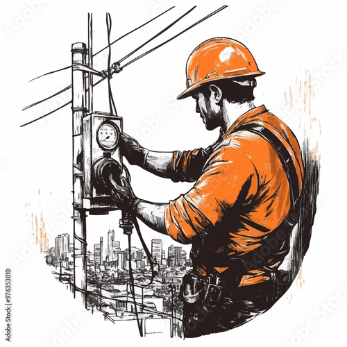 Vector illustration of a utility worker in a hard hat checking an electric meter, perfect for industrial, engineering, and repair-related visuals.